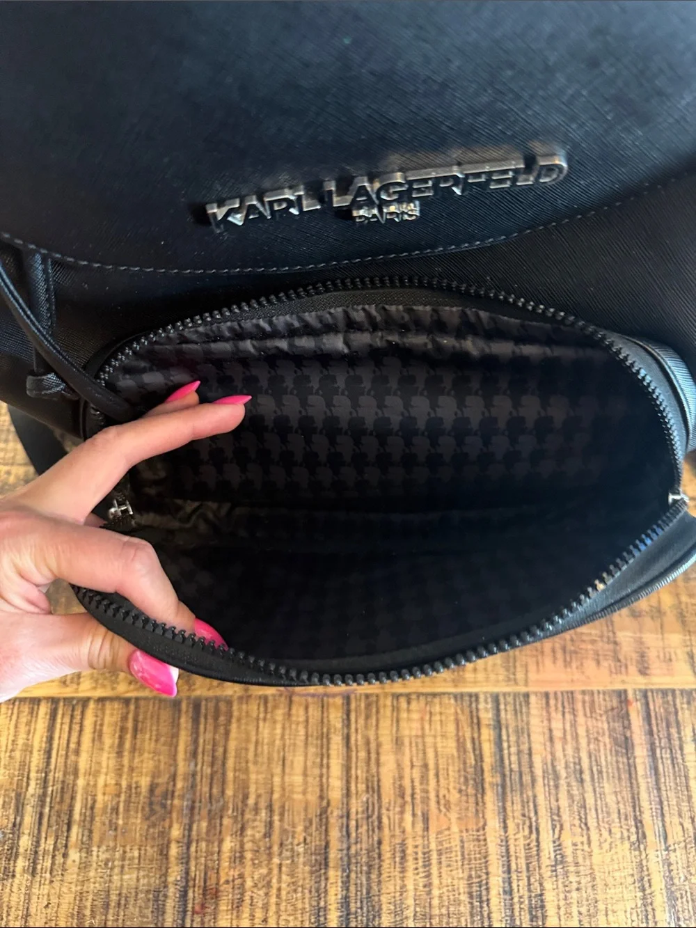 Karl Lagerfeld Black Saffiano Drawstring Backpack with Front Pocket
